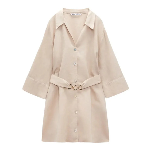 ZARA | Sand | BELTED LINEN BLEND MINI DRESS - Picture 2 of 11